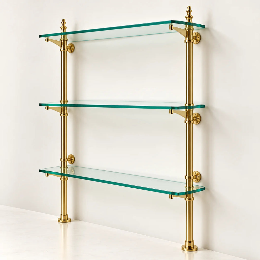 Solid Brass Bistro Shelving with Adjustable Brackets – Kitchen & Bar Glass Shelf Hardware