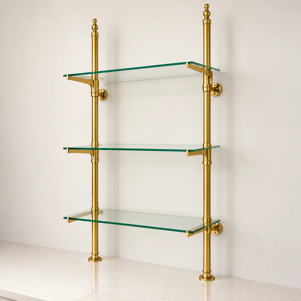 Solid Brass Bistro Shelving with Adjustable Brackets – Kitchen & Bar Glass Shelf Hardware