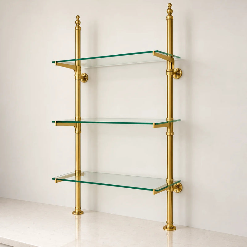 Solid Brass Bistro Shelving with Adjustable Brackets – Kitchen & Bar Glass Shelf Hardware