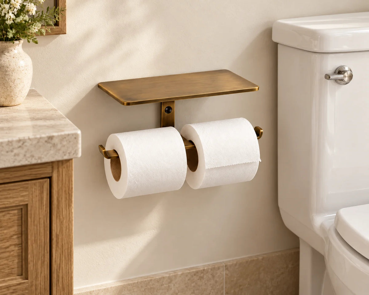 Title Solid Brass Double Toilet Paper Holder with Shelf – Bronze Finish