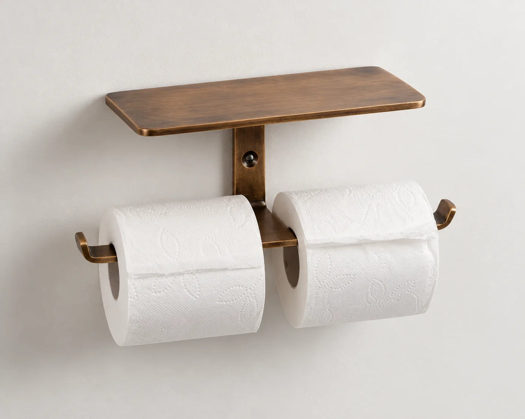 Title Solid Brass Double Toilet Paper Holder with Shelf – Bronze Finish