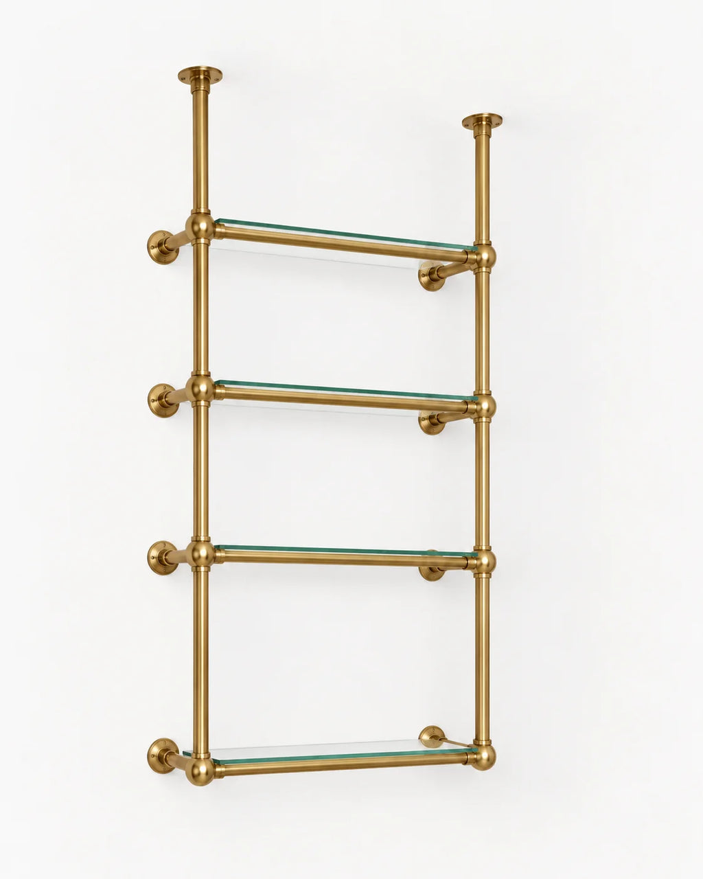 Solid Brass Shelving with Ball Joints & Glass Shelves – Custom Bistro Shelving