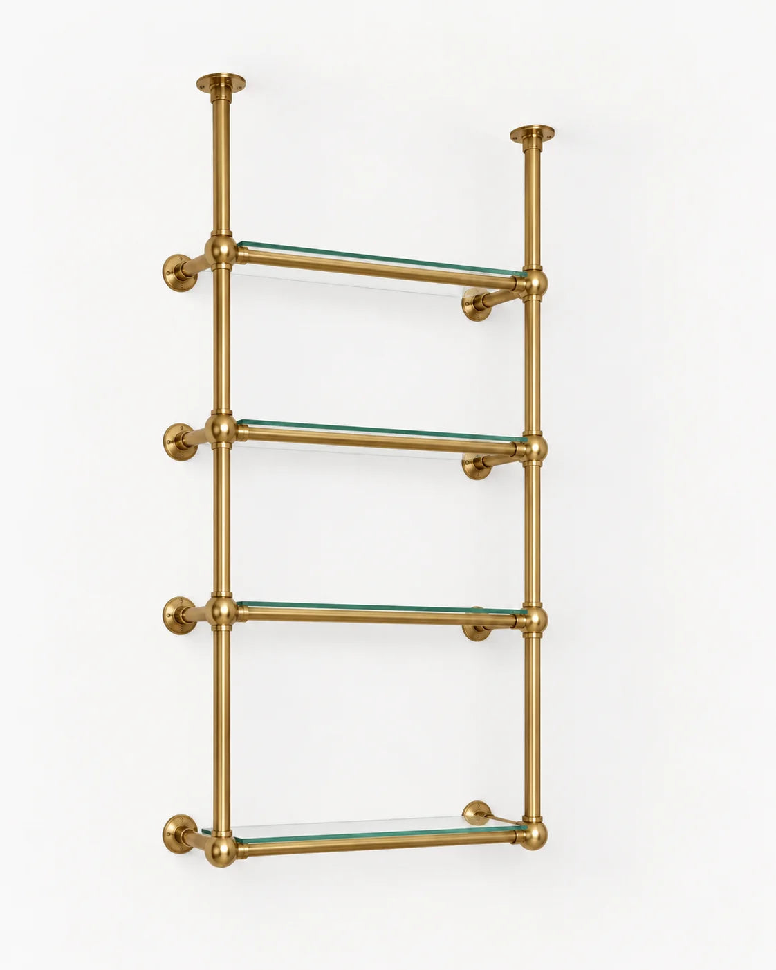 Solid Brass Shelving with Ball Joints & Glass Shelves – Custom Bistro Shelving