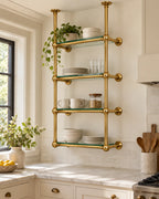 Solid Brass Shelving with Ball Joints & Glass Shelves – Custom Bistro Shelving