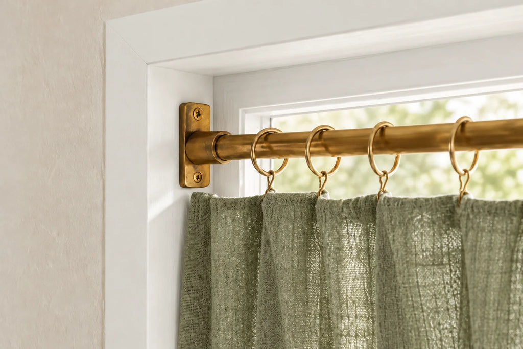 Unlacquered Brass Cafe Curtain Rod Inside Mount, Solid Brass Window Rod with Rings