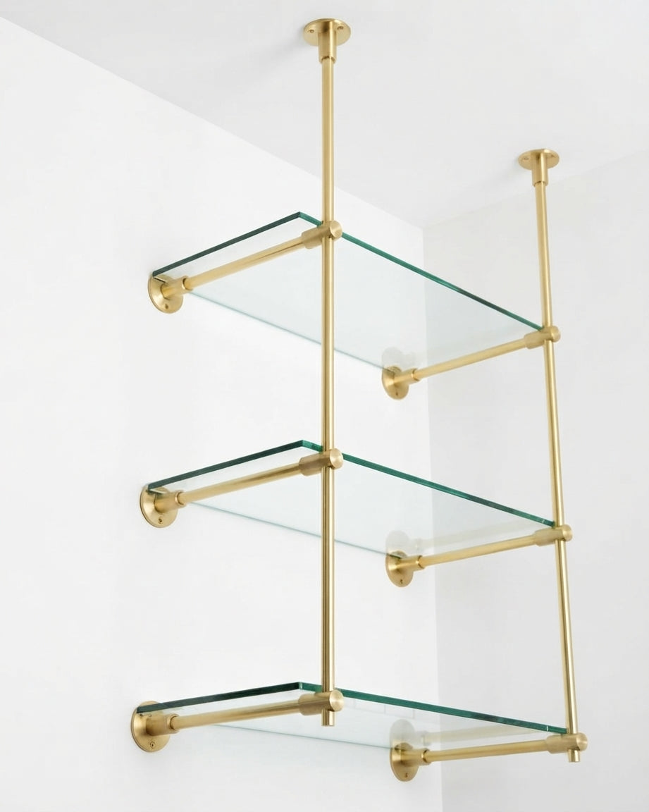 Solid Brass Bistro Shelving, Tempered Glass Shelves