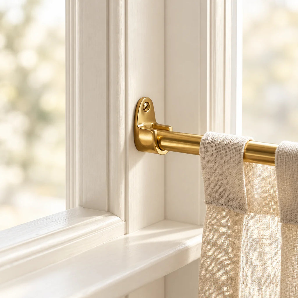 A close-up of a brass curtain rod mounted on a white window frame, with a beige linen curtain hanging from it.